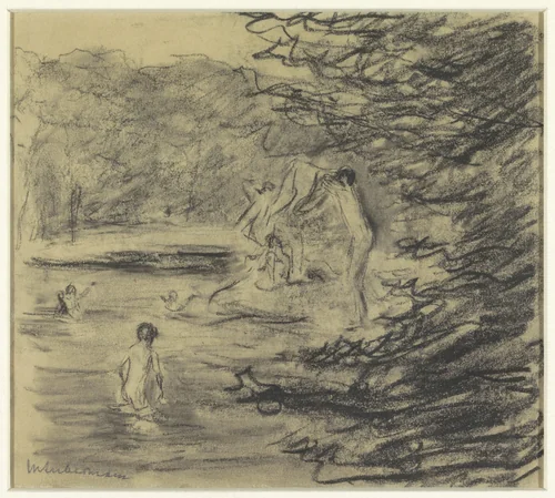 Badende jongens in bosvijver by Max Liebermann, drawing, 1857-1935