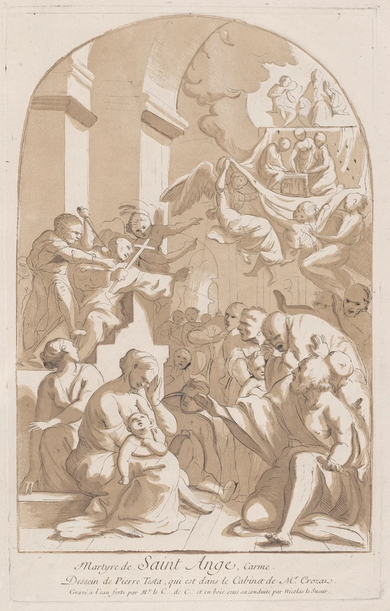 The martyrdom of Saint Angelo who in the upper left is being stabbed watched by horrified onlookers, from the 'Cabinet Crozat' by Anne Claude Philippe de Tubières, print, 1729-1764