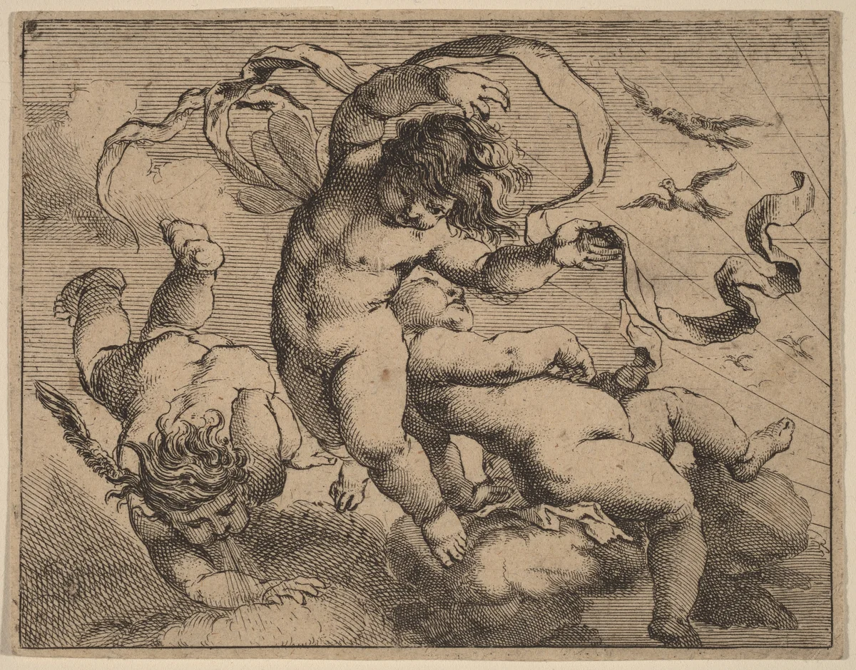 Three Flying Putti by Cornelis Schut, print, 1597-1655