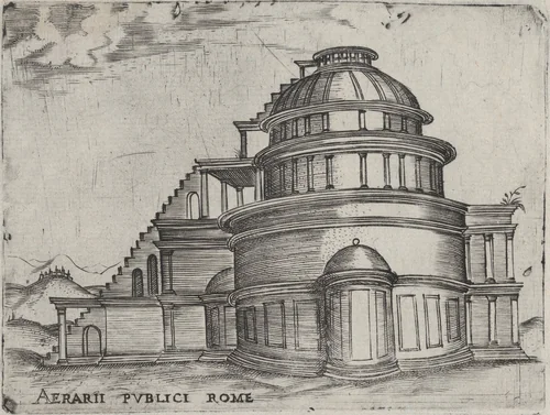 Aerarii Publici Rome, from a Series of 24 Depicting (Reconstructed) Buildings from Roman Antiquity by anonymous, print, 1530-1550