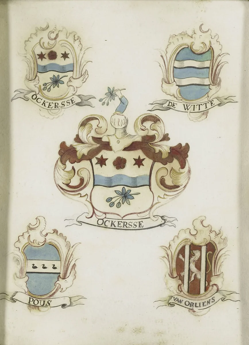 Het wapen van een vrouwelijk lid van de familie Ockersse, gehuwd met van Gelre en moeder van Anna Digna van Gelre, met de wapens van haar vier grootouders by anonymous, drawing, 1750-1799