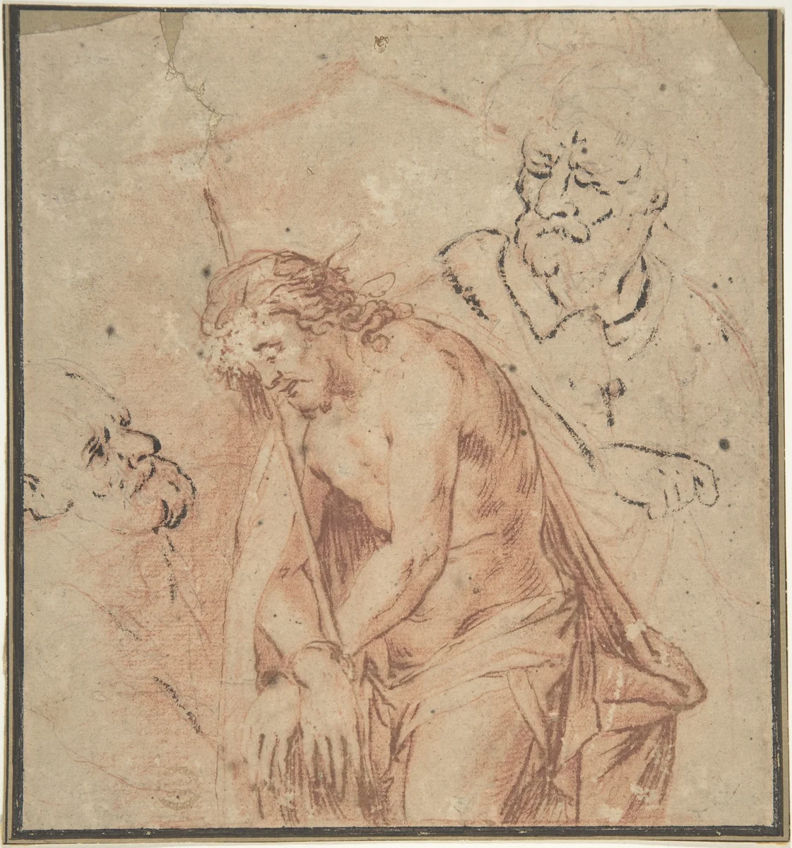 Man of Sorrows and Two Studies of Heads by anonymous, drawing, 1600-1699
