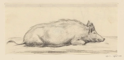 Liggend varken, naar rechts by Jean Bernard, drawing, 1775-1833