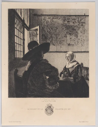 Officer and Laughing Girl, after Vermeer by Jules Ferdinand Jacquemart, print, 1866