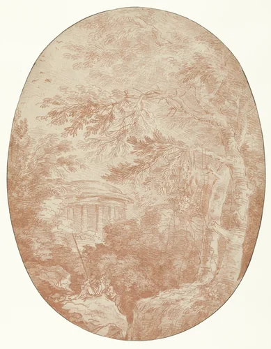 Zicht op de Temple de la Pieté Filiale in Parc de Méréville by Hubert Robert, drawing, 1743-1808