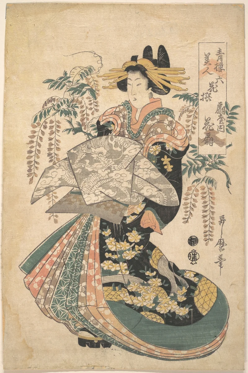 A Courtesan with Wisteria on the Background by Utamaro II, print, 1615-1831