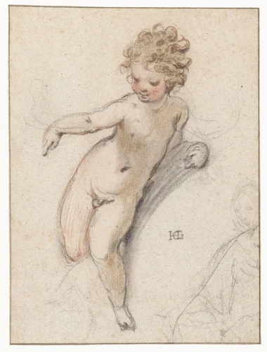 Studie voor het Christuskind, staande op de schoot van de maagd Maria. by Hendrick Goltzius, drawing, 1595-1605