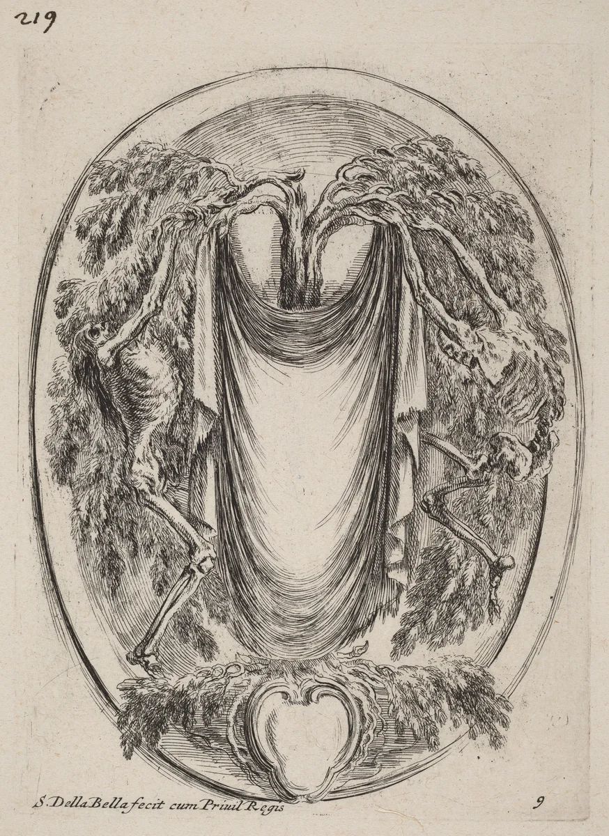Cartouche in the Form of a Drape Suspended from a Cypress Flanked by Skeletons by Stefano della Bella, print, 1647
