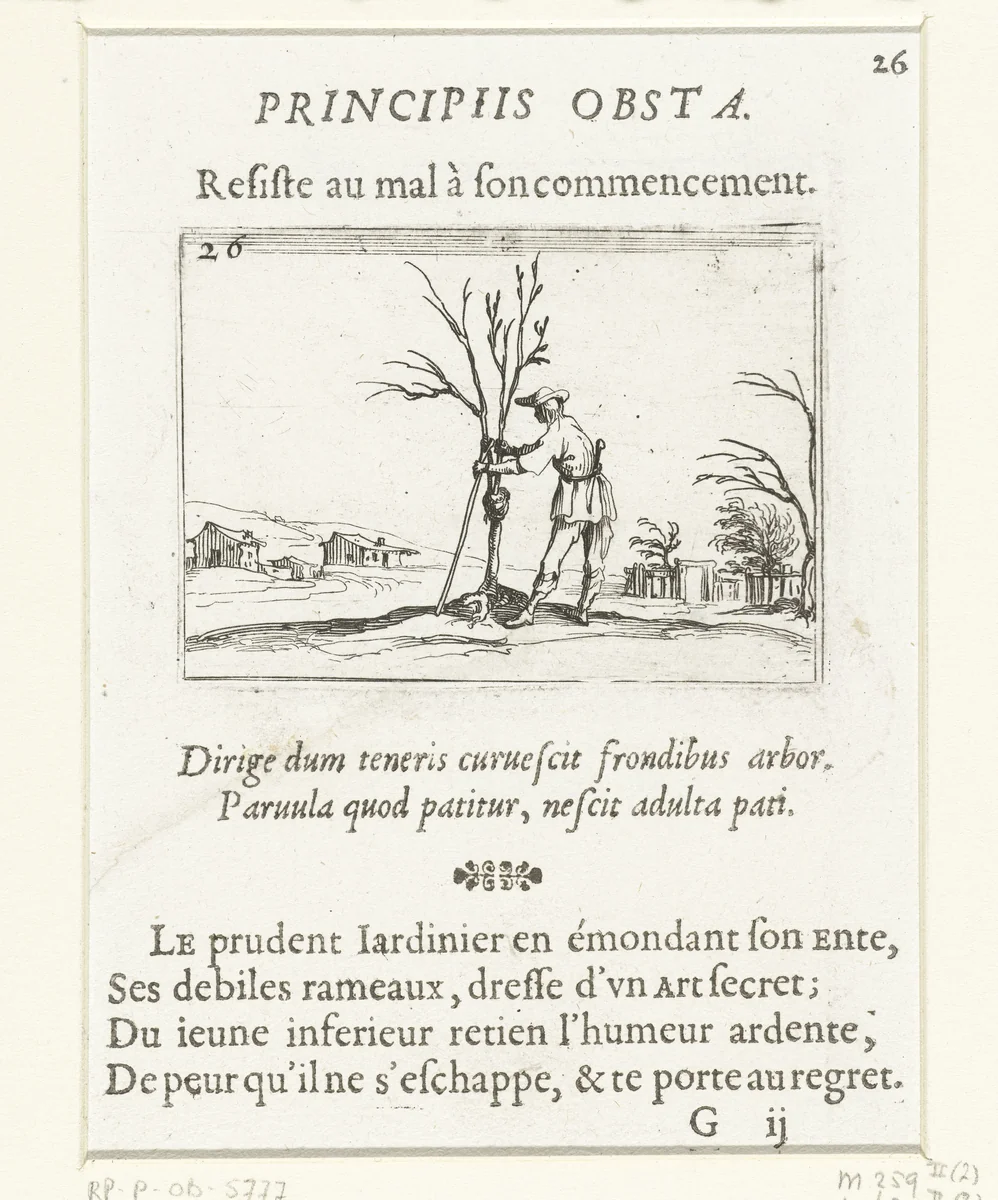 Een tuinman verzorgt een jonge boom by Jacques Callot, print, 1621-1635