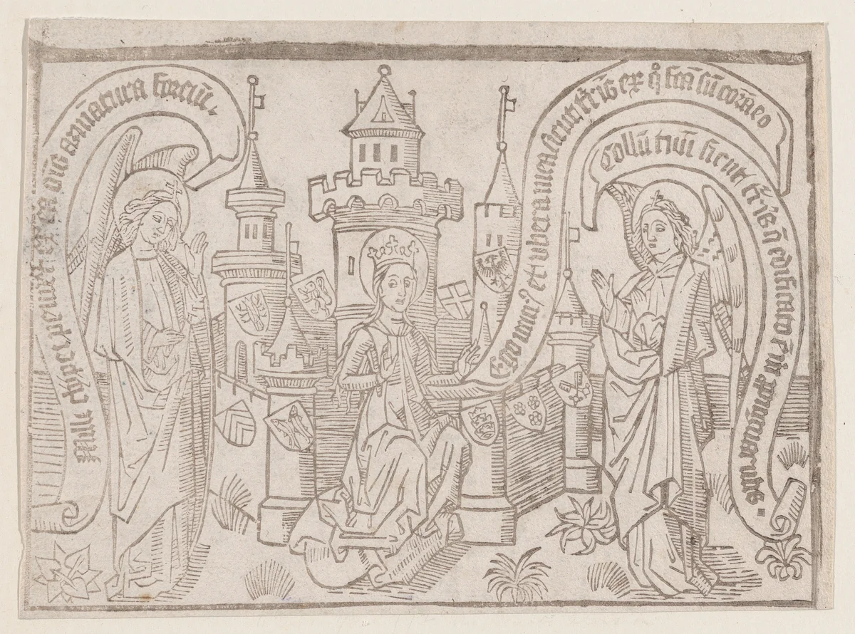 Thy Neck Is Like the Tower of David, illustration from a Canticum Canticorum blockbook, 2nd by anonymous, print, 1455-1465