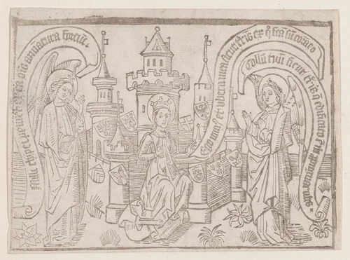 Thy Neck Is Like the Tower of David, illustration from a Canticum Canticorum blockbook, 2nd by anonymous, print, 1455-1465