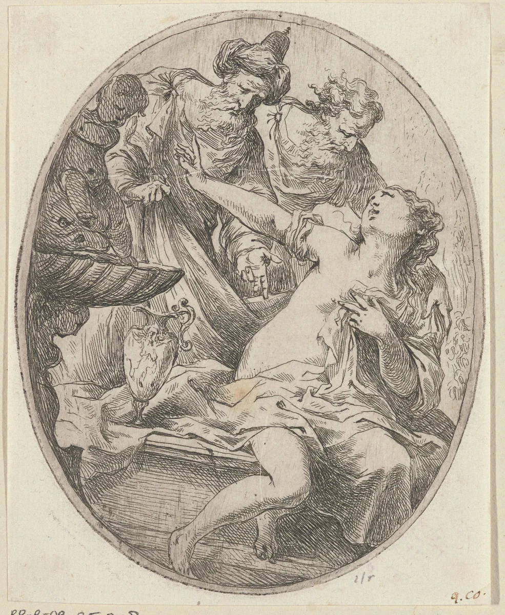 Susanna en de ouderlingen by Bartolomeo Biscaino, print, 1642-1657