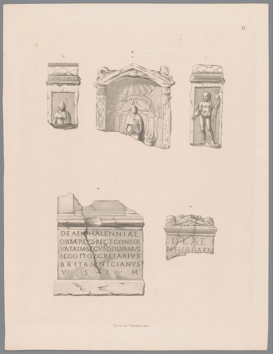 Nehalennia-altaar en fragment met tekst, pl. XI by Tiemen Hooiberg, print, 1843-1845
