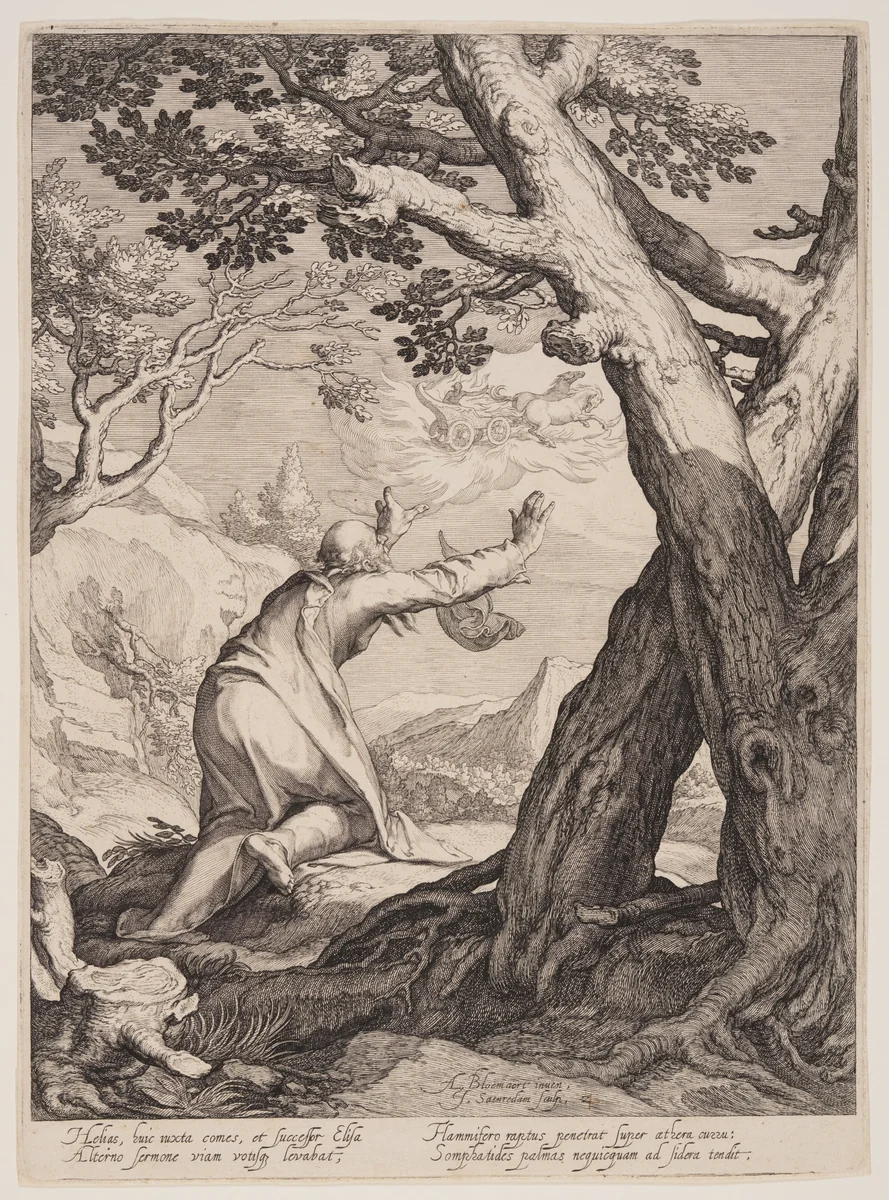 Elisha Receives the Robe of Elijah, from Four Scenes from the Life of the Prophets, Isaiah, Ahajah and Elisha by Jan Saenredam, print, 1604