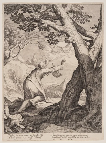 Elisha Receives the Robe of Elijah, from Four Scenes from the Life of the Prophets, Isaiah, Ahajah and Elisha by Jan Saenredam, print, 1604