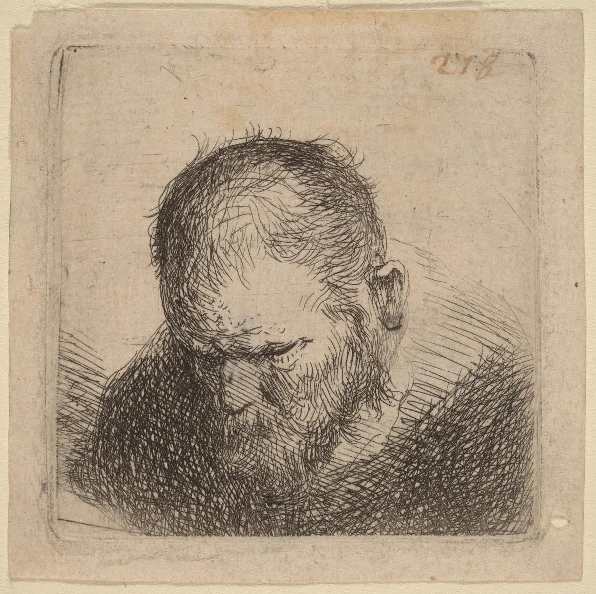 Bearded Man Looking Down by Rembrandt van Rijn, print, 1631