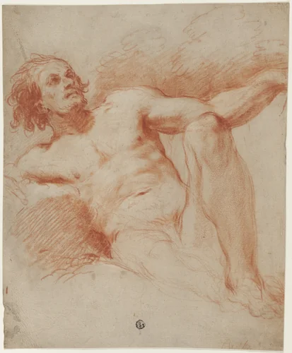Seated Male Nude by Unknown Artist, drawing, 1700-1799