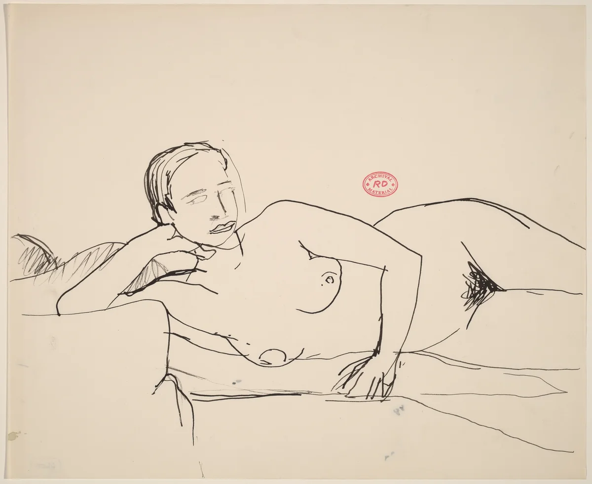 Untitled [nude resting on her side with right hand supporting head] by Richard Diebenkorn, drawing, 1955-1967