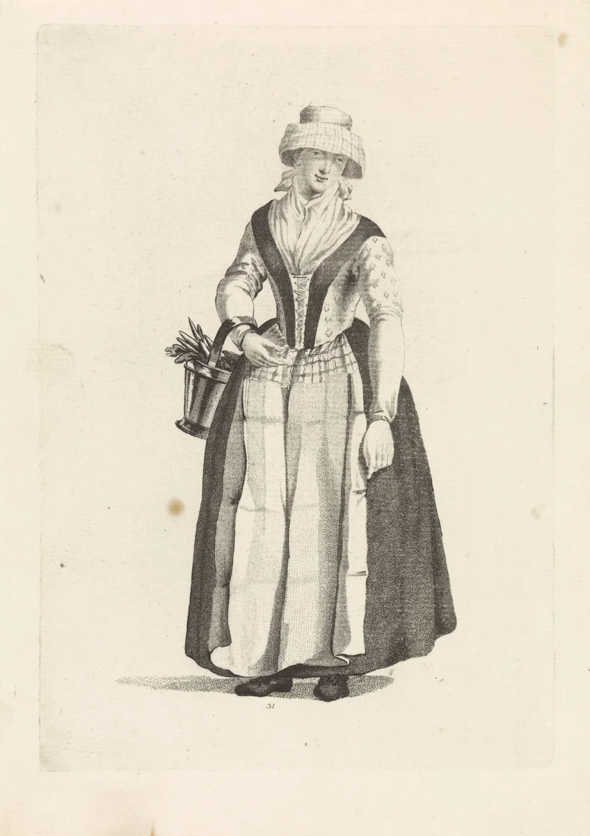 Vrouw met hoed en emmer aan de arm by Mathias de Sallieth, print, 1772-1791