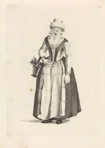 Vrouw met hoed en emmer aan de arm by Mathias de Sallieth, print, 1772-1791