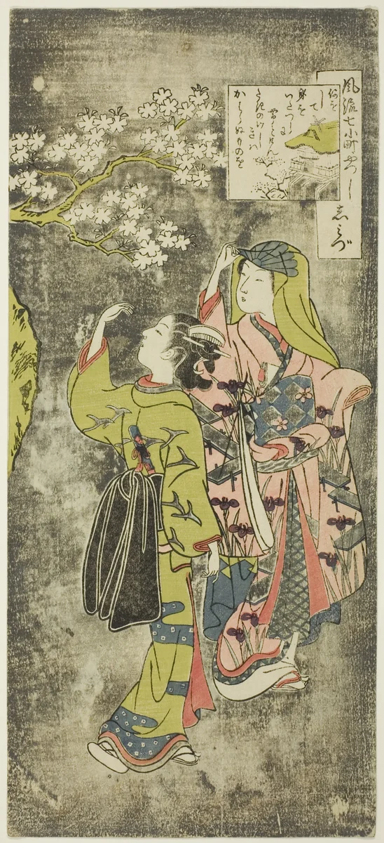 Ono no Komachi by the Waterfall (Shimizu), from the series The Seven Fashionable Aspects of Komachi (Furyu yatsushi nana Komachi) by Suzuki Harunobu (鈴木春信), print, 1751-1764