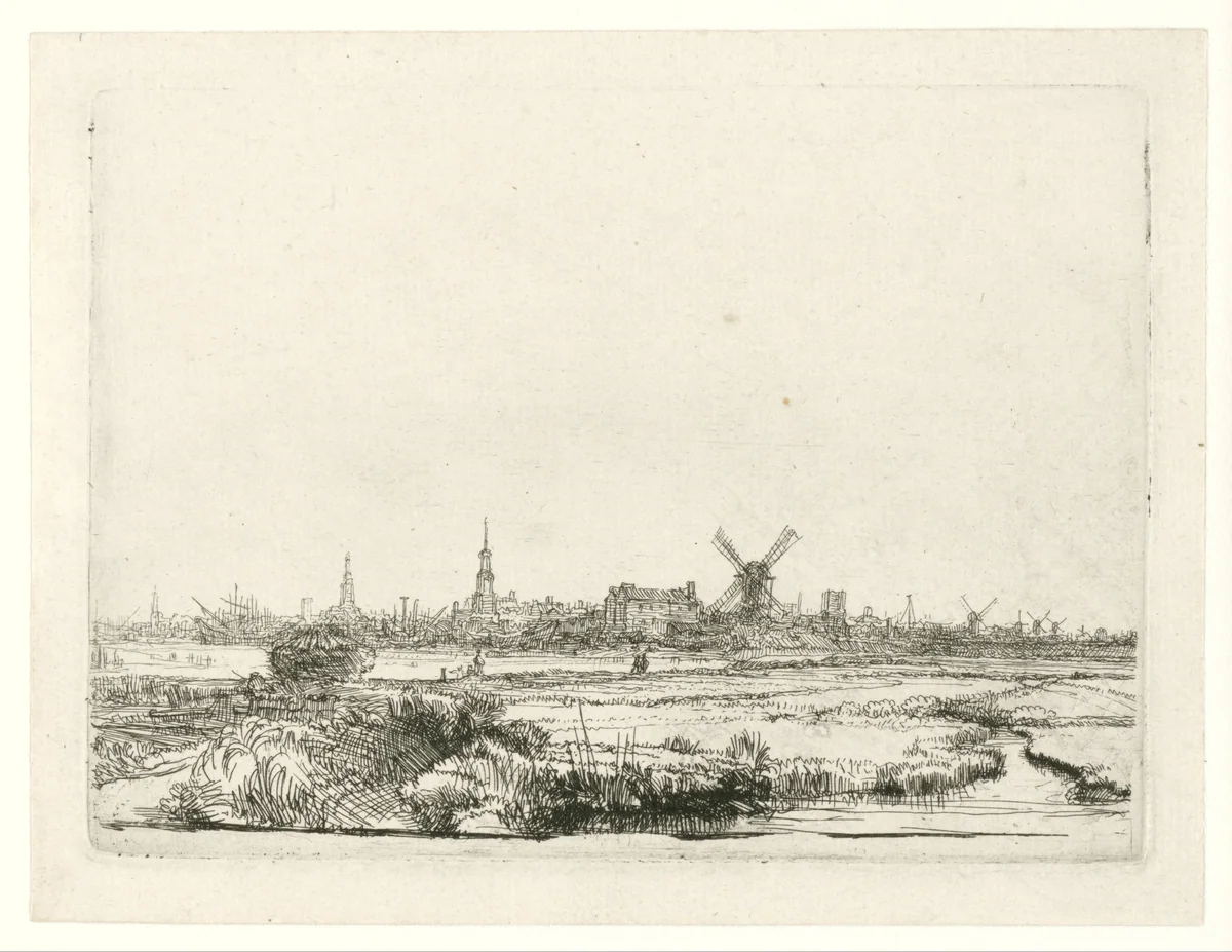 View of Amsterdam from the Kadijk by Rembrandt van Rijn, print, 1641