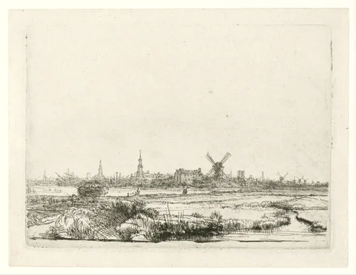 View of Amsterdam from the Kadijk by Rembrandt van Rijn, print, 1641