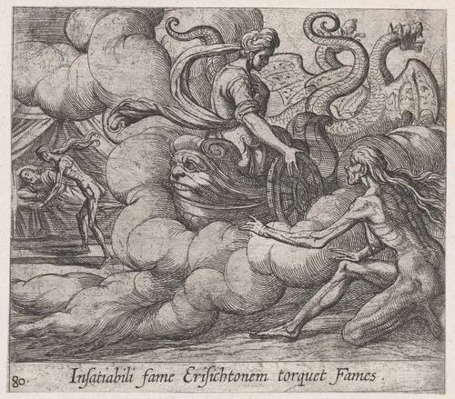 Plate 80: Ceres' Nymph Telling Famine to Strike Erysichthon (Insatiabili fame Erisichtonem torquet Fames), from Ovid's 'Metamorphoses' by Antonio Tempesta, print, 1606