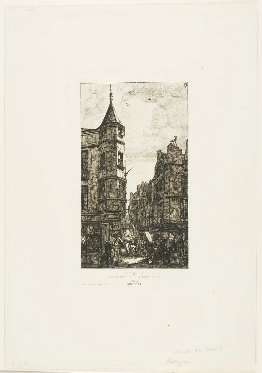 House with a Turret, No 22, rue de l'Ecole de Médecine, Paris (called the Turret of Marat) by Charles Meryon, print, 1861