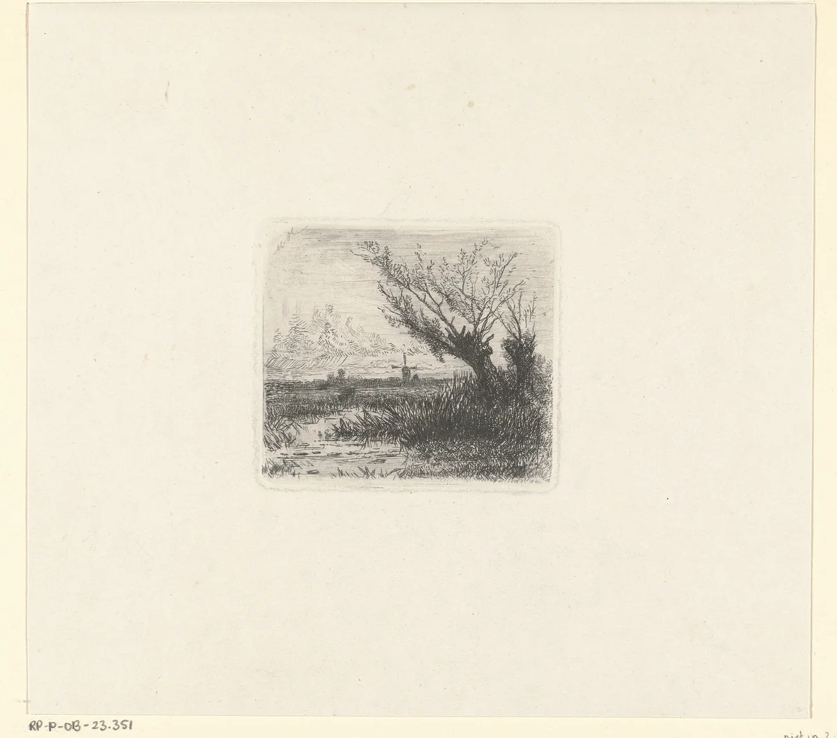 Polderlandschap met twee knotwilgen en een molen by Marinus Heijl, print, 1846-1931