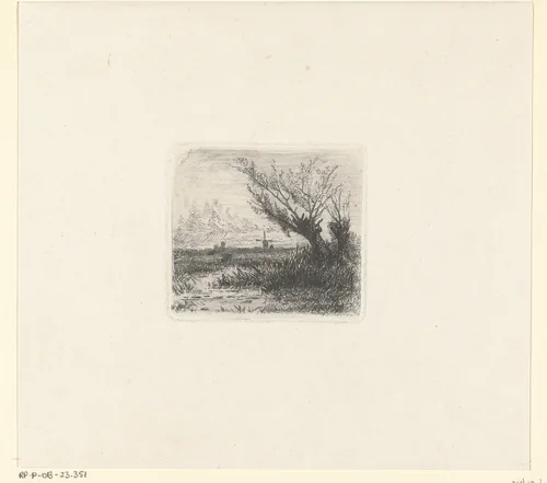 Polderlandschap met twee knotwilgen en een molen by Marinus Heijl, print, 1846-1931