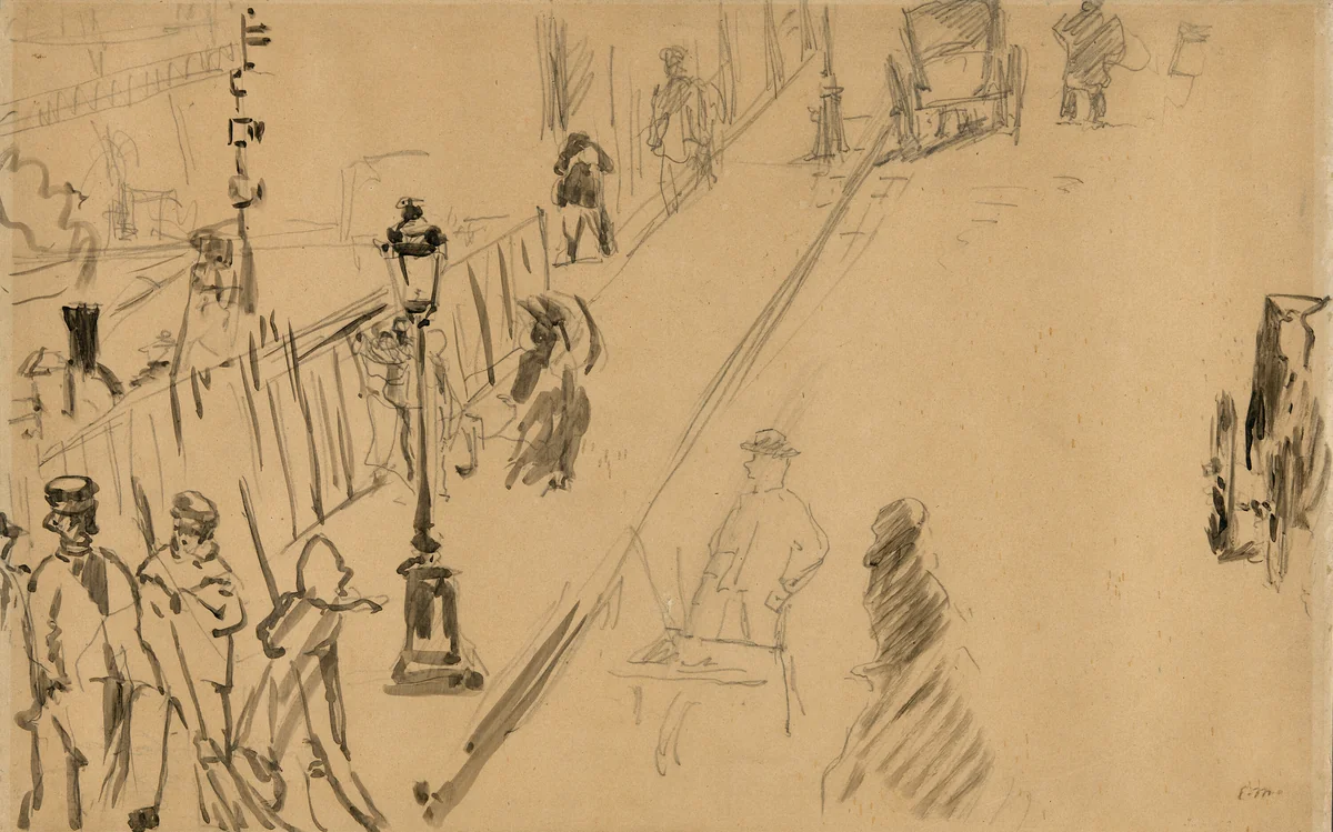 The rue Mosnier with Gas Lamp by Édouard Manet, drawing, 1878