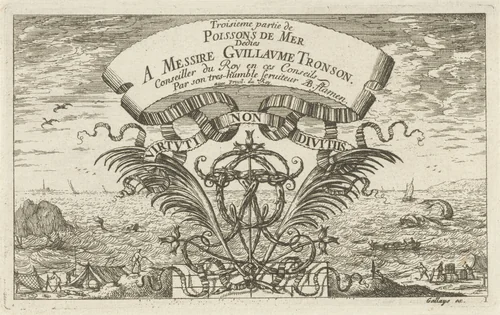 Zeegezicht door ornamentaal wapen by Albert Flamen, print, 1687-1749