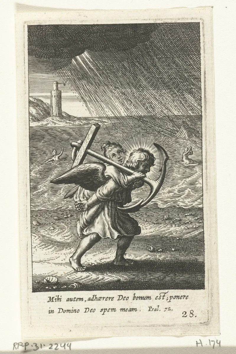 Engel draagt kind met anker op zijn rug by Boëtius Adamsz. Bolswert, print, 1590-1624