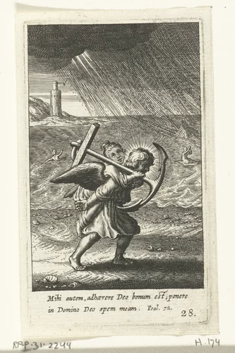 Engel draagt kind met anker op zijn rug by Boëtius Adamsz. Bolswert, print, 1590-1624