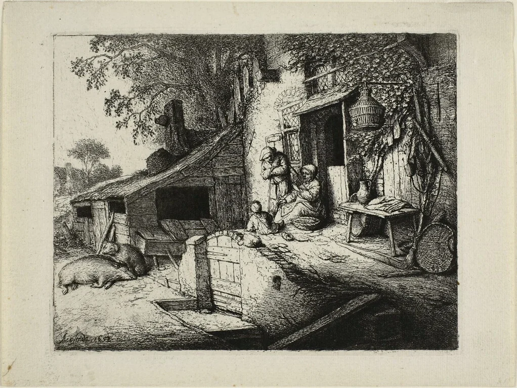 The Woman Spinning by Adriaen van Ostade, print, 1652