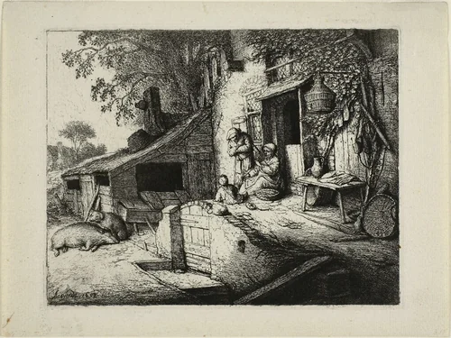 The Woman Spinning by Adriaen van Ostade, print, 1652