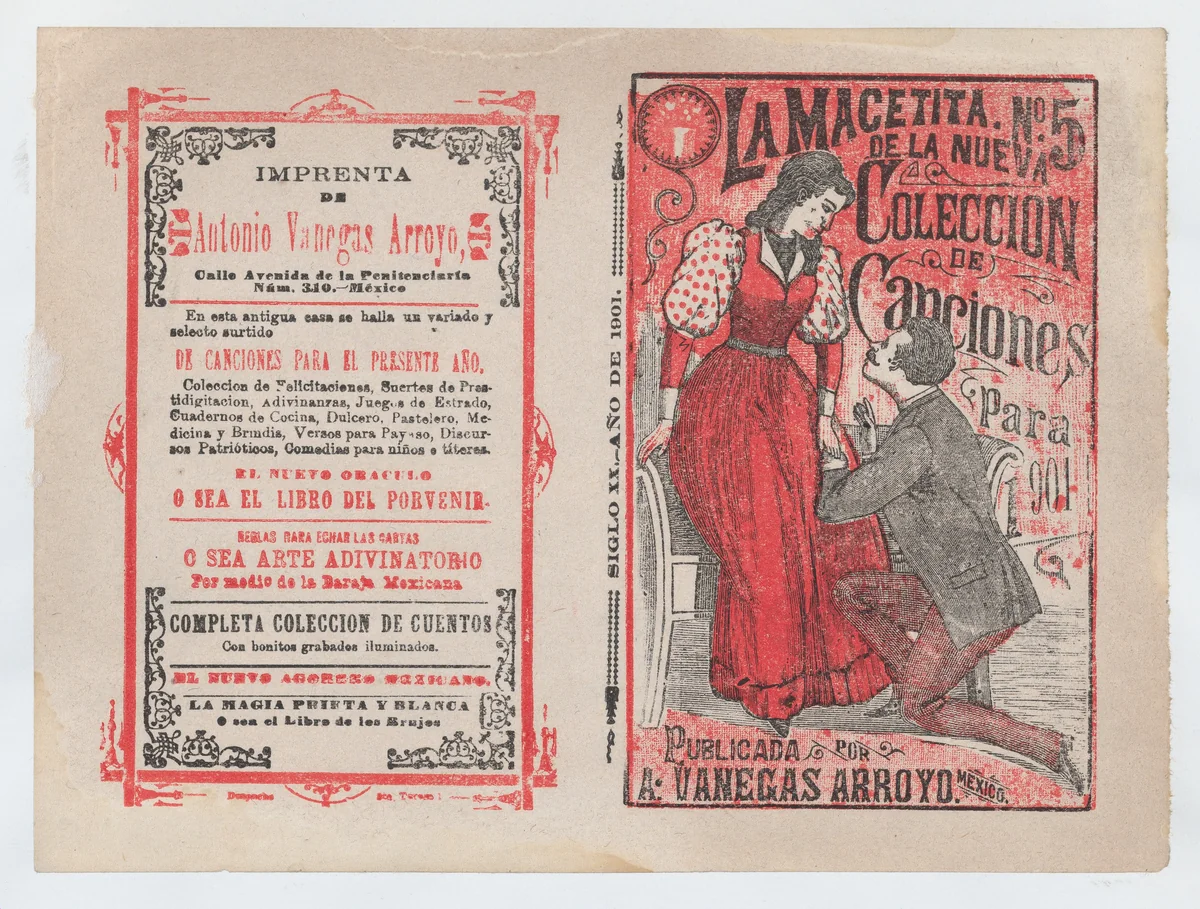 Front and back covers printed on the same sheet for a collection of songs for the year 1901 (number 5), a man on his knees before a woman by José Guadalupe Posada, print, 1901