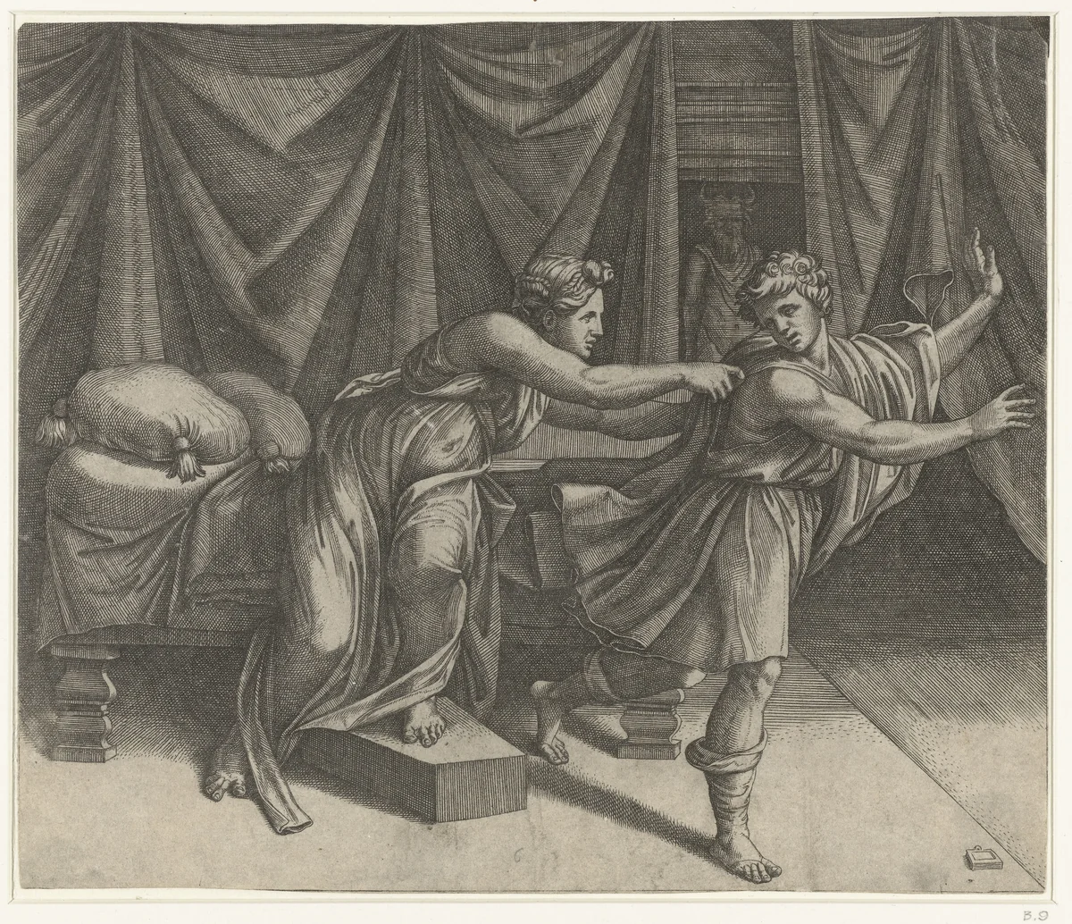 Jozef en de vrouw van Potifar by Marcantonio Raimondi, print, 1515-1525
