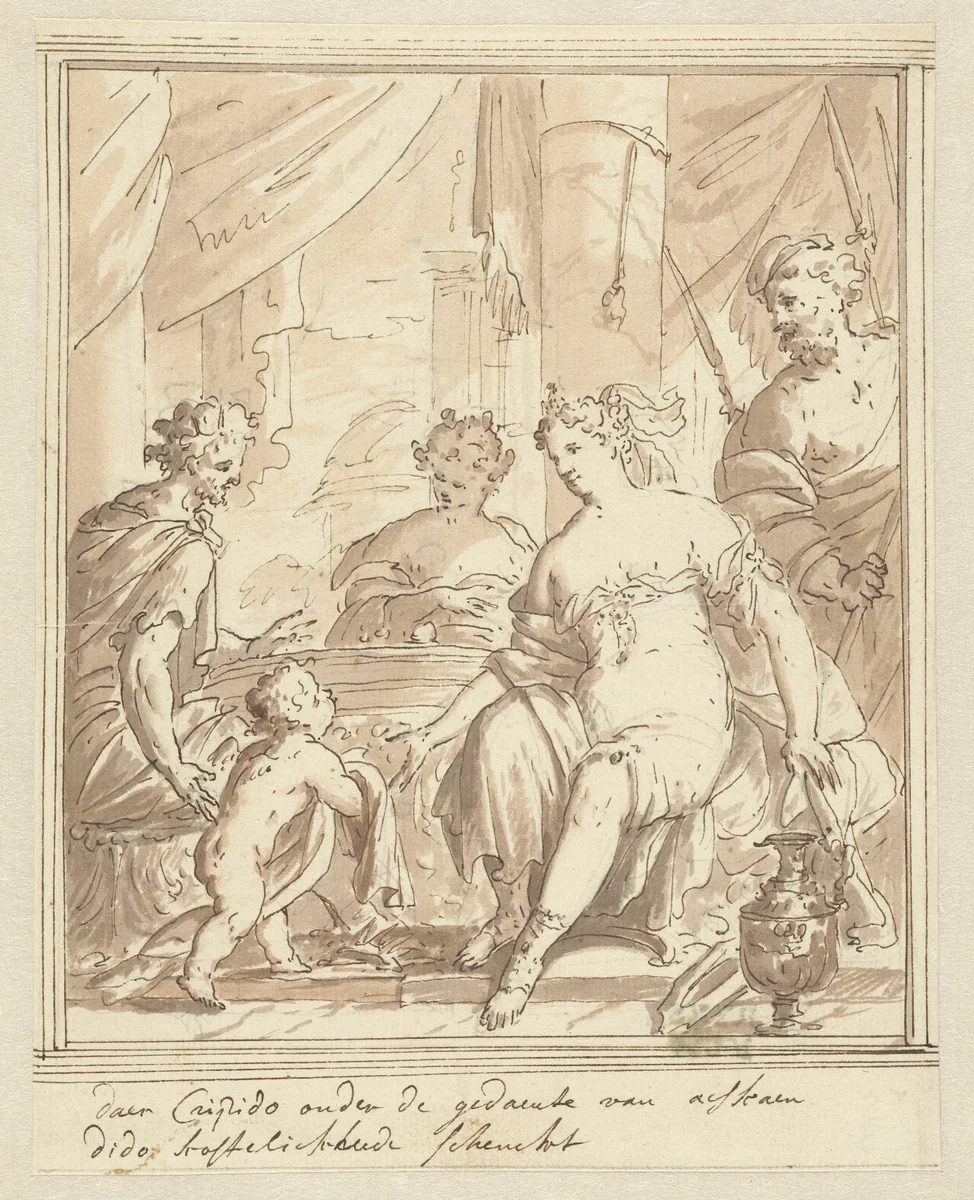 In de gedaante van Ascanius brengt Cupido Dido geschenken by Mattheus Terwesten, drawing, 1600-1604
