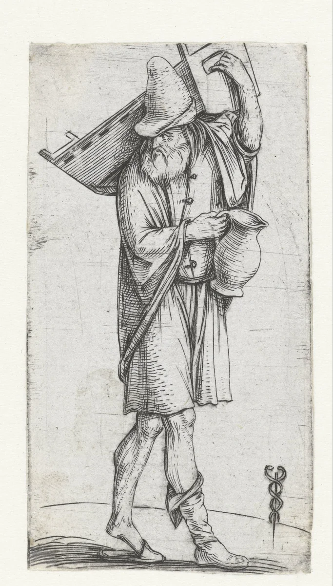 Man met wieg en kruik by Unknown, print, 1504