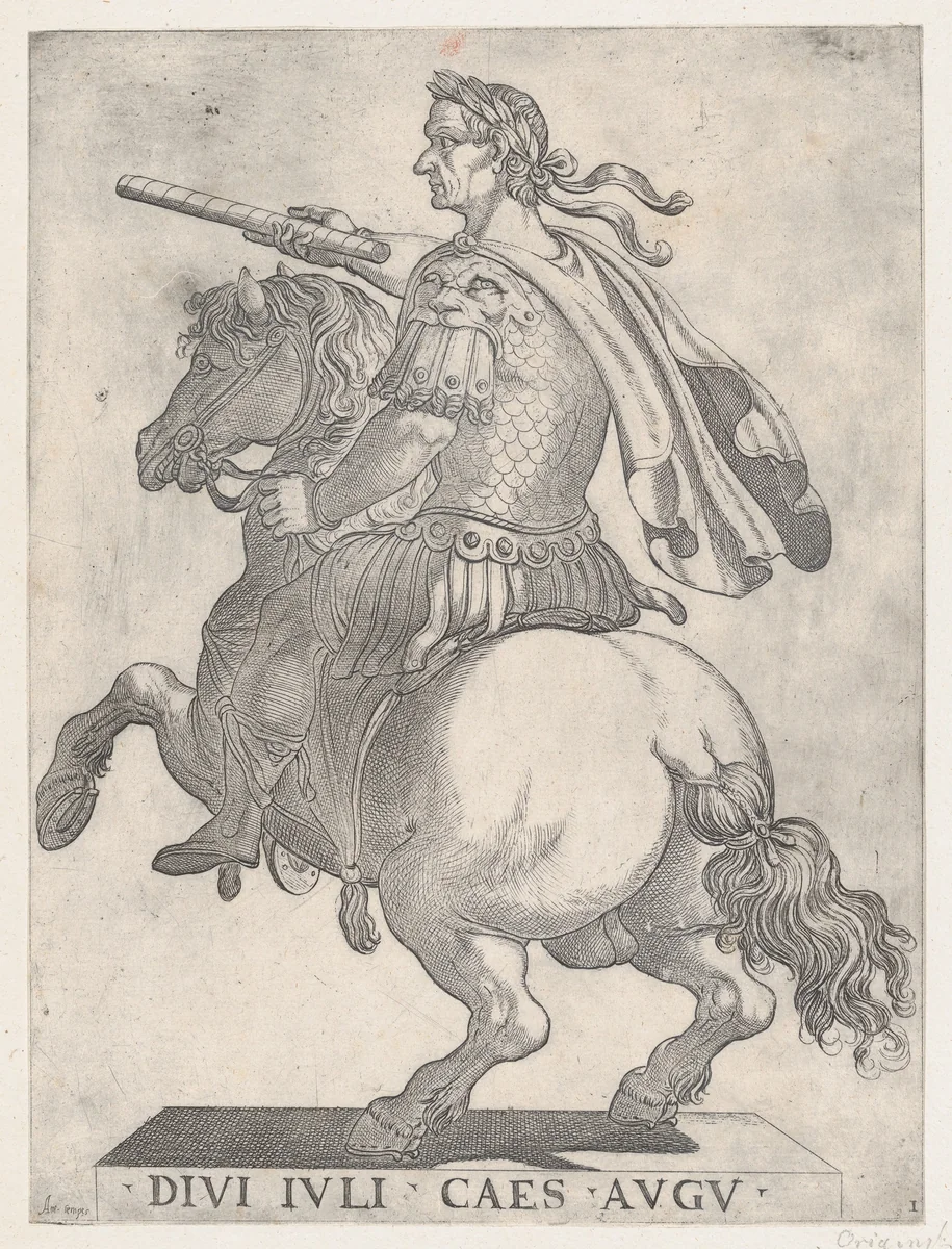 Plate 1: Emperor Julius Caesar on Horseback, from 'The First Twelve Roman Caesars' by Antonio Tempesta, print, 1596