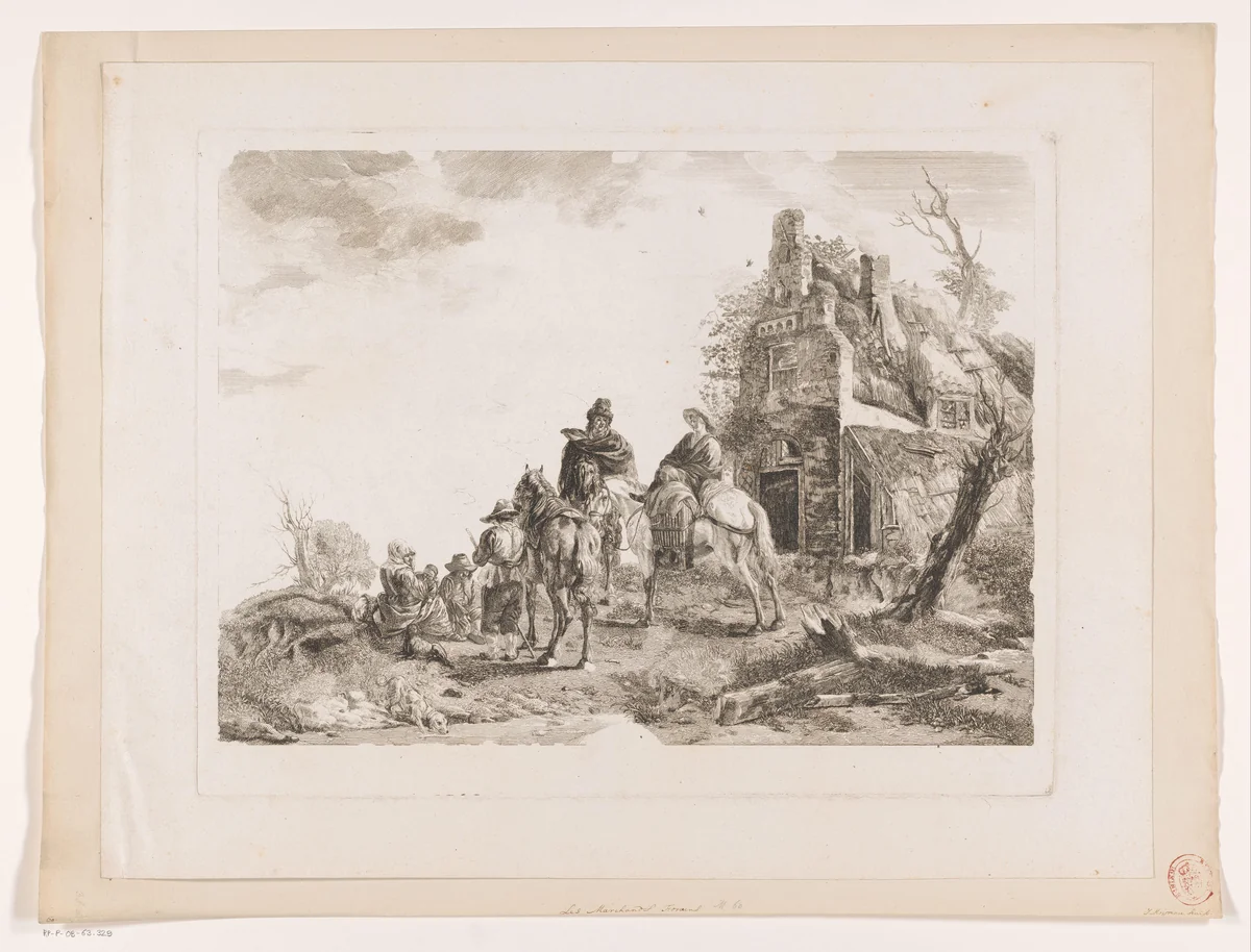 Marskramers voor een huis by Jean Moyreau, print, 1726-1762