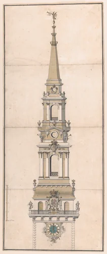 Design for the Spire of the Church of Our Lady in Copenhagen by Vincents Lerche, drawing, 1733-1748