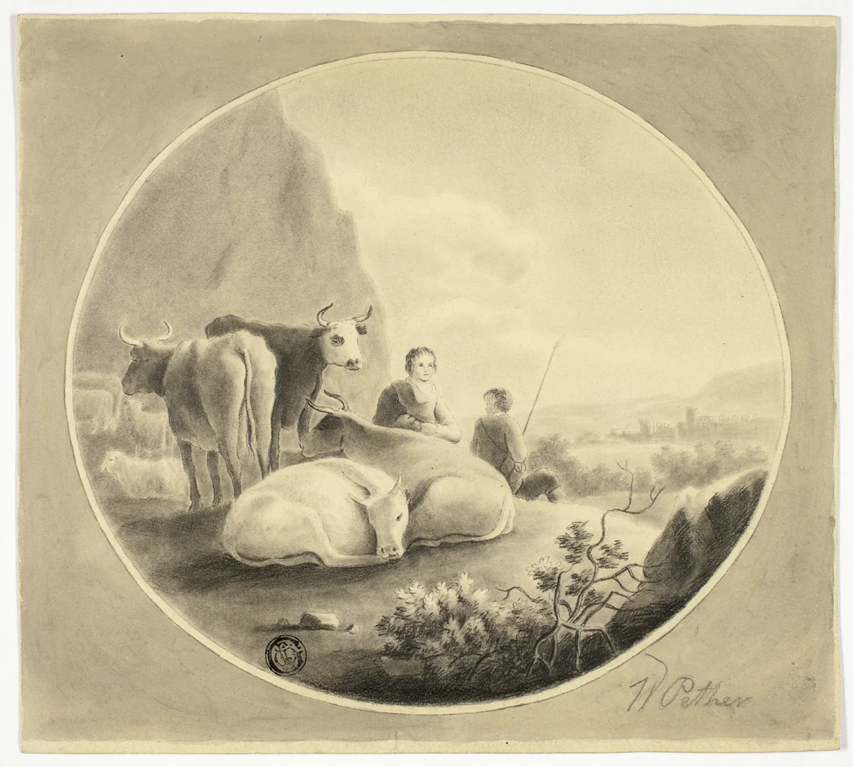 Herdsmen, Cows and Sheep in Landscape by William Pether, drawing, 1751-1795
