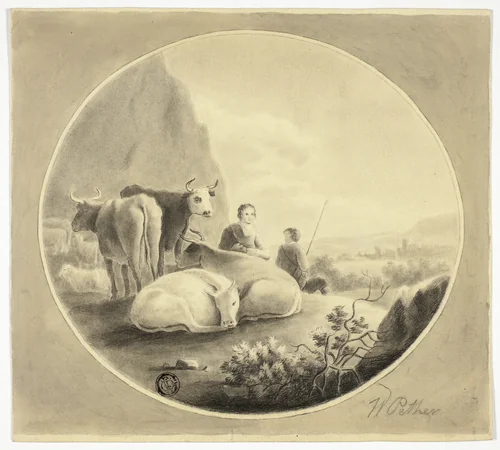 Herdsmen, Cows and Sheep in Landscape by William Pether, drawing, 1751-1795