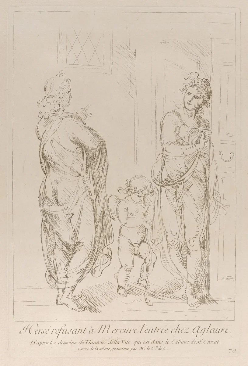 Aglauros preventing Mercury to enter Herse's room, with Cupid at center by Anne Claude Philippe de Tubières, print, 1724-1734