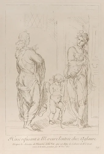 Aglauros preventing Mercury to enter Herse's room, with Cupid at center by Anne Claude Philippe de Tubières, print, 1724-1734