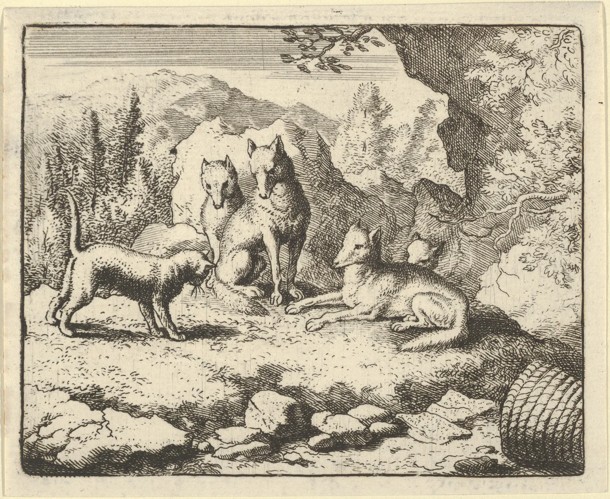 The Cat Calls Renard to Appear before the Tribunal from Hendrick van Alcmar's Renard The Fox by Allart van Everdingen, print, 1650-1675
