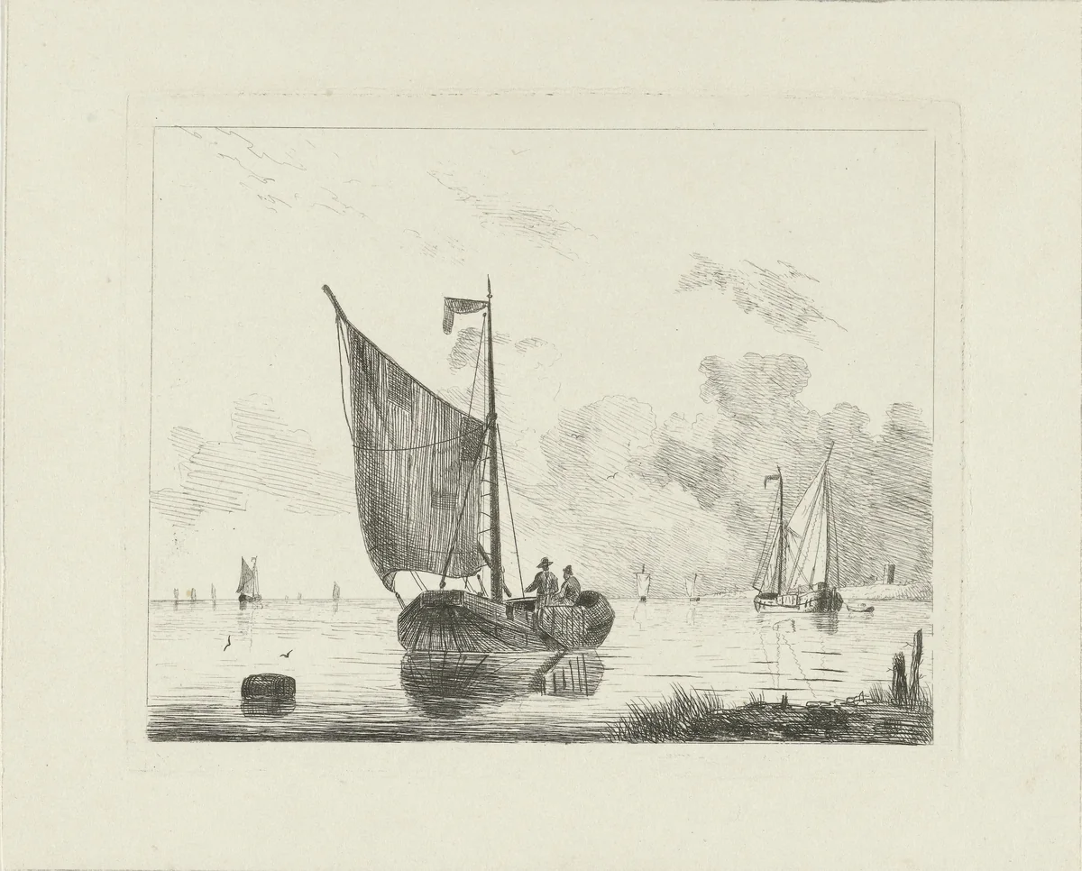 Vissersboot met twee vissers by Willem Gruyter jr., print, 1832-1880